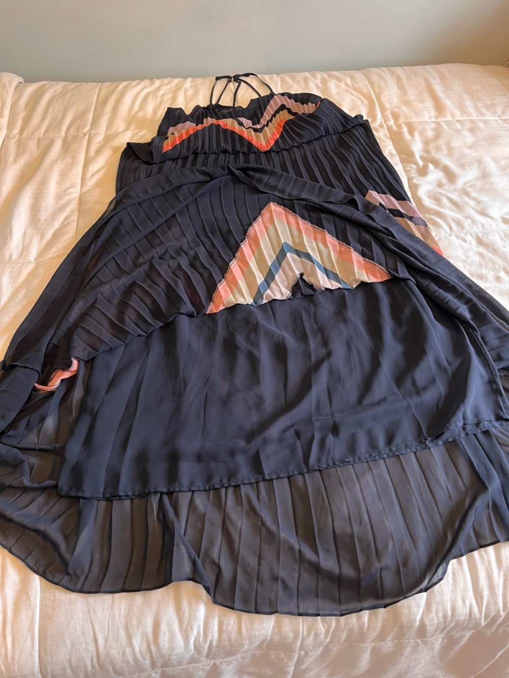 Y.A.S. Navy Chevron Pleated Maxi Dress Medium Pink Coral Beige Boho Chic - Picture 8 of 14